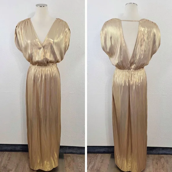 Zadig & Voltaire Ritmic gold satin dress maxi metallic goddess draped size large - Picture 2 of 7